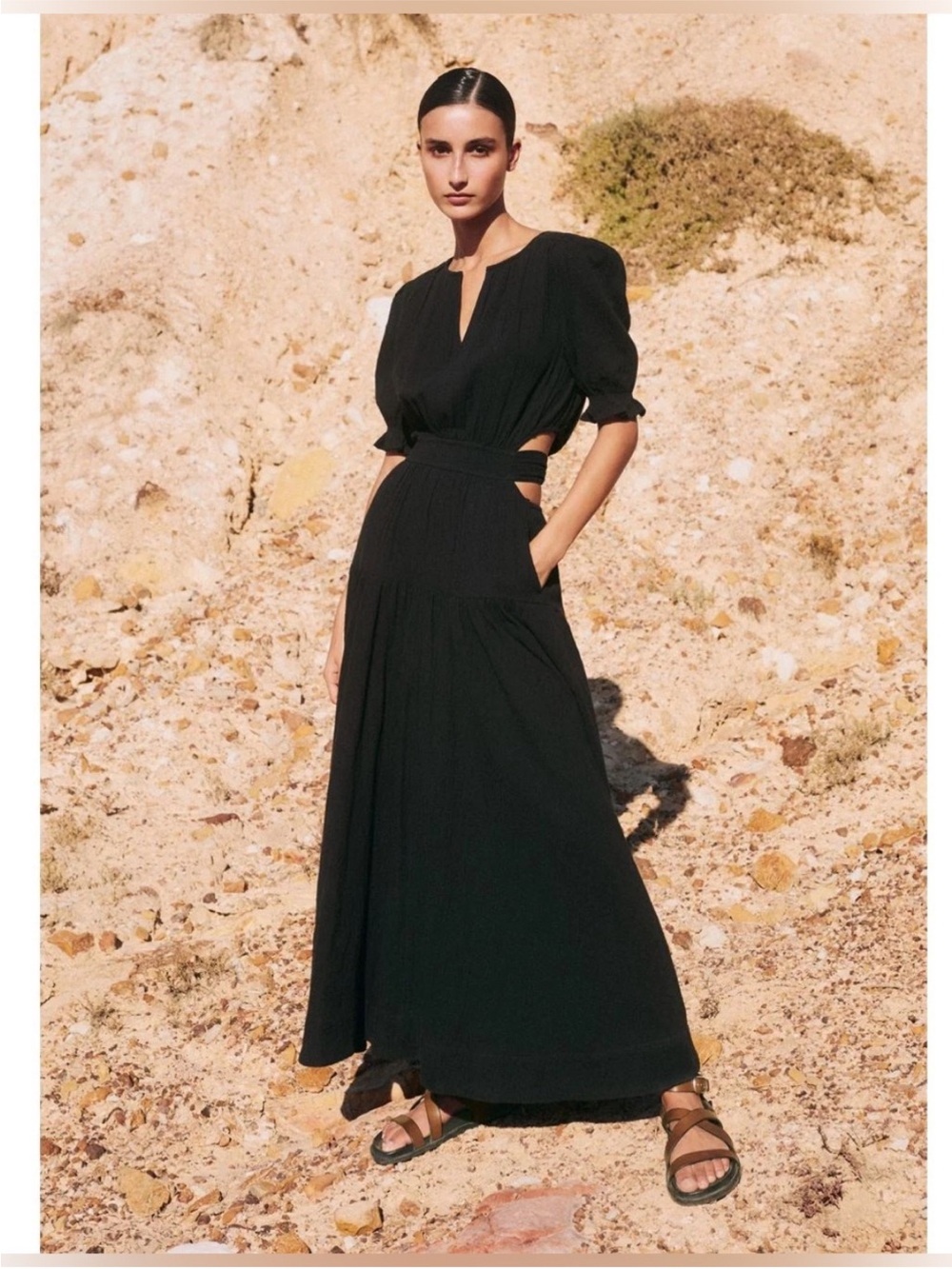 ME+EM Black Cheesecloth Gauze Cut Out Puff-Sleeve Maxi Dress Size 6